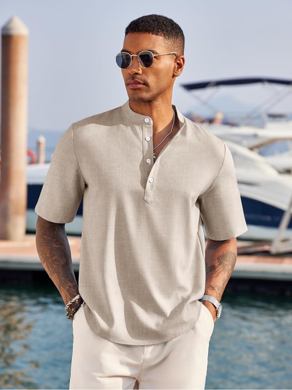 Coofandy Men's Linen Blend Short-Sleeve Light Beige Button Up Henley Polo Shirt